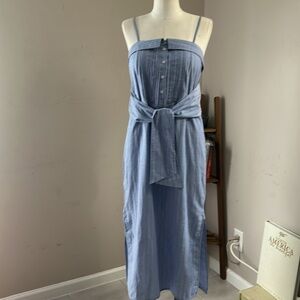 Club Monaco Radura Pinstripe Chambray Preppy Beachy Tie Front Cotton Dress 2